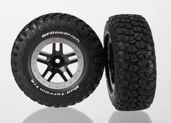 Traxxas Tires wheels assembled glued (SCT Split-Spoke black satin chrome beadlock wheels BFGoodrich Mud-Terrain T/A KM2 tires foam inserts) (2) (2WD Front) &mdash; image 2 of 3