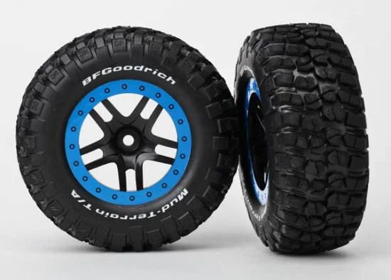 Traxxas Tire wheel assy glued (SCT Split-Spoke black blue beadlock wheels BFGoodrich Mud-Terrain T/A KM2 tires inserts) (2) (2WD Front) — image 2 of 3