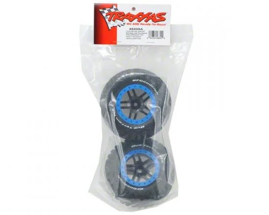 Traxxas Tire wheel assy glued (SCT Split-Spoke black blue beadlock wheels BFGoodrich Mud-Terrain T/A KM2 tires inserts) (2) (2WD Front) — image 3 of 3