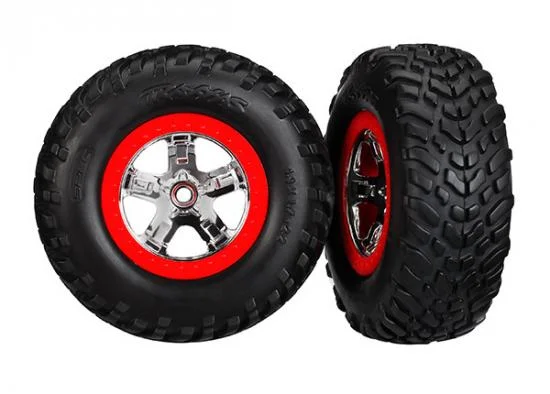 Traxxas Tires wheels assembled glued (SCT chrome wheels red beadlock style dual profile (2.2 outer 3.0 inner) SCT off-road racing tires foam inserts) (2) (2WD front) — image 2 of 2