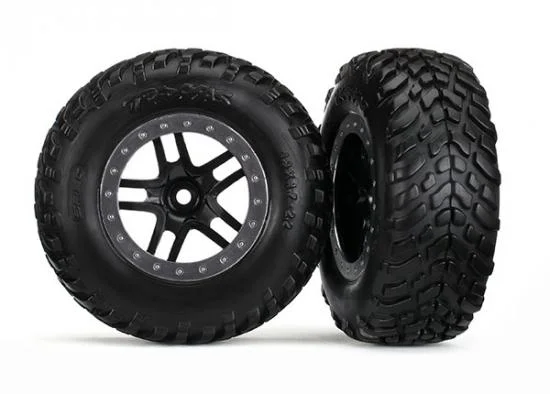 Traxxas Tires wheels assembled glued (SCT Split-Spoke black satin chrome beadlock style wheel dual profile (2.2 outer 3.0 inner) SCT off-road racing tires foam inserts) (2) (4WD f/r 2WD rear) (TSM rated) — image 2 of 2