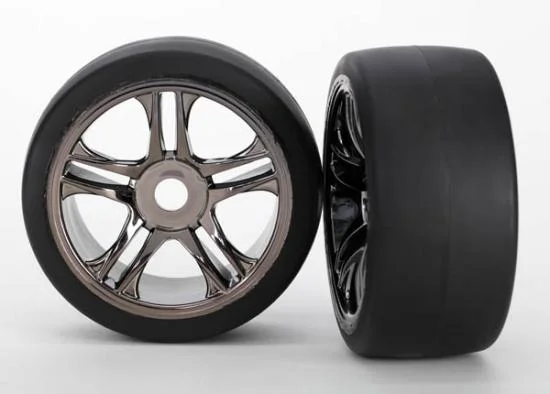 Traxxas XO-1 Rear S1 Tyres Pre Mounted on Split Spoke Black Chrome Wheels (1 Pair) &mdash; image 2 of 3