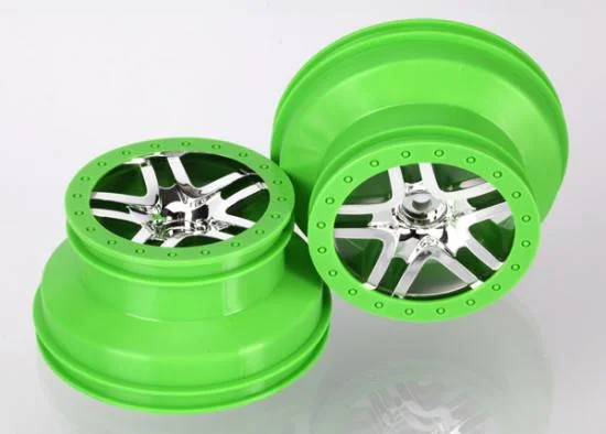 Traxxas Wheels SCT Split-Spoke chrome green beadlock style dual profile (2.2 outer 3.0 inner) (4WD front/rear 2WD rear) (2) &mdash; image 2 of 2