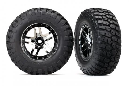 Traxxas Tires wheels assembled glued (SCT Split-Spoke black chrome beadlock style wheels BFGoodrich Mud-Terrain T/A KM2 ultra-soft S1 compound off-road racing tires foam inserts) (2) (4WD f/r 2WD rear) (TSM rated) &mdash; image 2 of 2