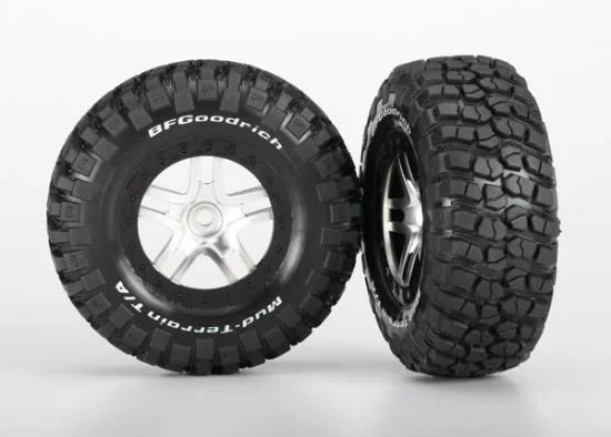 Traxxas Tires wheels assembled glued (S1 ultra-soft off-road racing compound) (SCT Split-Spoke satin chrome black beadlock style wheels BFG Mud-Terrain tires foam inserts) (2) (4WD front/rear 2WD rear only) &mdash; image 2 of 3