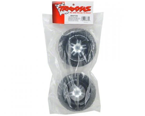 Traxxas Tires wheels assembled glued (S1 ultra-soft off-road racing compound) (SCT Split-Spoke satin chrome black beadlock style wheels BFG Mud-Terrain tires foam inserts) (2) (4WD front/rear 2WD rear only) &mdash; image 3 of 3