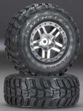 Traxxas Tires wheels assembled glued (SCT Split-Spoke satin chrome black beadlock style wheels Kumho tires foam inserts) (2) (4WD front/rear 2WD rear only) — image 2 of 3