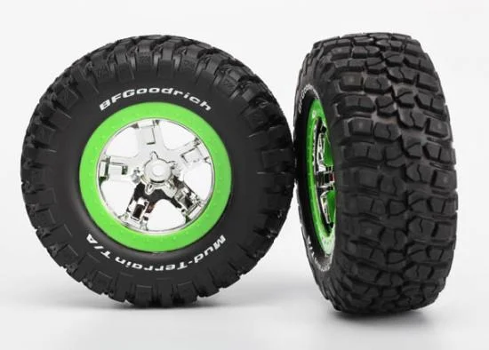 Traxxas Tires wheels assembled glued (SCT chrome green beadlock wheel BFGoodrich Mud-Terrain T/A KM2 tire foam inserts) (2) (4WD front/rear 2WD rear only) — image 2 of 2
