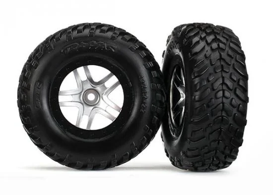 Traxxas Tires wheels assembled glued (S1 compound) (SCT Split-Spoke satin chrome black beadlock style wheels dual profile (2.2 outer 3.0 inner) SCT off-road racing tires foam inserts) (2) (4WD f/r 2WD rear) (TSM rated) — image 2 of 2
