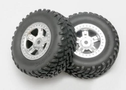 Traxxas Tires and wheels assembled glued (SCT satin chrome wheels SCT off-road racing tires foam inserts) (1 each right left) &mdash; image 2 of 3