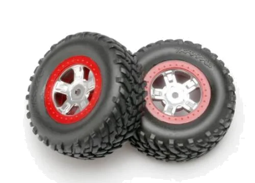 Traxxas Tires and wheels assembled glued (SCT satin chrome wheels red beadlock style SCT off-road racing tires foam inserts) (1 each right left) &mdash; image 2 of 3