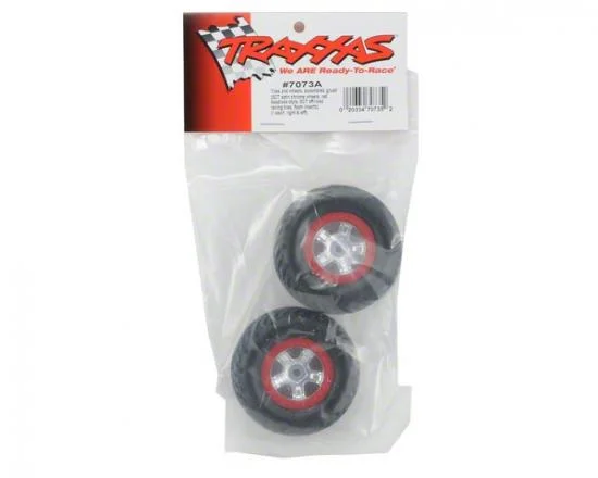 Traxxas Tires and wheels assembled glued (SCT satin chrome wheels red beadlock style SCT off-road racing tires foam inserts) (1 each right left) &mdash; image 3 of 3