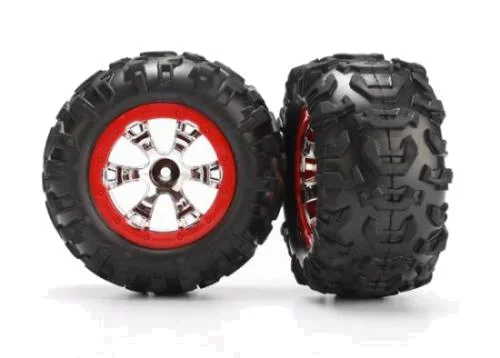 Traxxas Tires and wheels assembled glued (Geode chrome red beadlock style wheels Canyon AT tires foam inserts) (1 left 1 right) — image 2 of 3