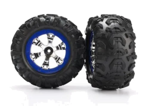Traxxas Tires and wheels assembled glued (Geode chrome blue beadlock style wheels Canyon AT tires foam inserts) (1 left 1 right) — image 2 of 3