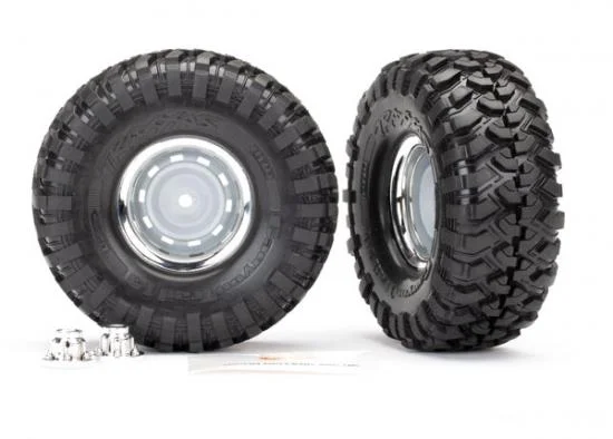 Traxxas Tires and wheels assembled glued (1.9 chrome wheels Canyon Trail 1.9 tires) (2)/ center caps (2)/ decal sheet (requires 8255A extended stub axle) — image 2 of 2