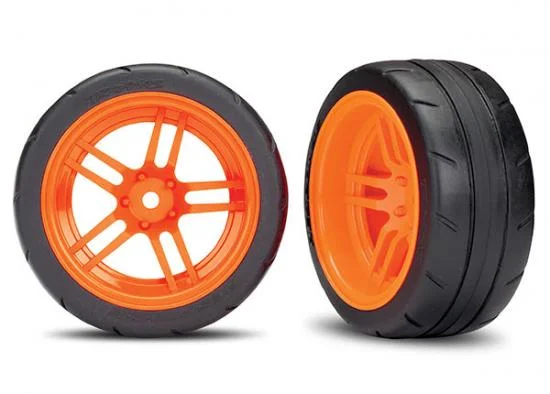 Traxxas Tires and wheels assembled glued (split-spoke orange wheels 1.9 Response tires) (extra wide rear) (2) (VXL rated) — image 2 of 2
