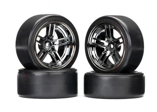 Traxxas Tires and wheels assembled glued (split-spoke black chrome wheels 1.9 Drift tires) (front and rear) — image 2 of 2