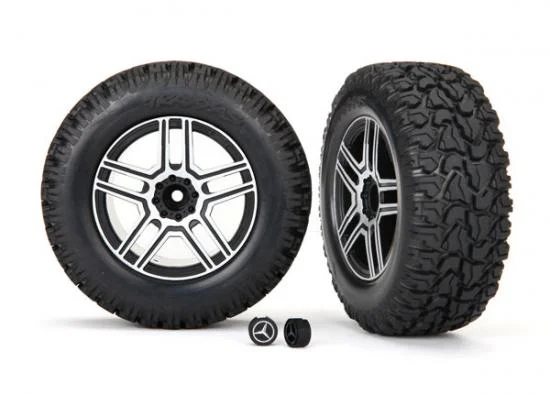 Traxxas Tires and wheels assembled glued (2.6 black satin chrome-plated Mercedes-Benz G 500 4x4 wheels 2.6 tires) (2)/ center caps (2) (requires 8255A extended stub axle) — image 2 of 2