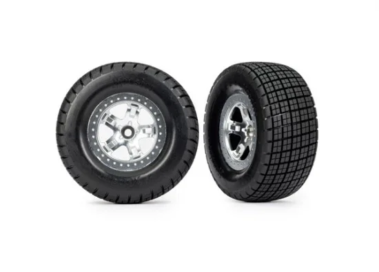 Traxxas Tyres + wheels, assembled, glued (SCT, satin chrome wheels, beadlock type (dual profile 2.2in outer 3.0in inner, Hoosier tyres, foam inserts) (2) (2WD front) — image 2 of 2