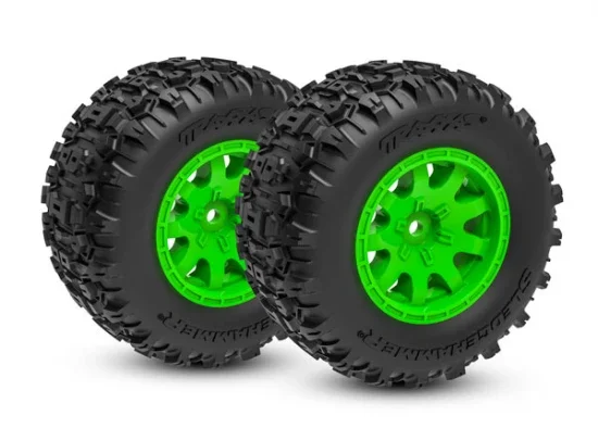 Traxxas Tyres + wheels, assembled (green wheels, dual profile (2.1 outer, 2.6 inner), Sledgehammer tyres, foam inserts) (rear) (2) — image 2 of 2