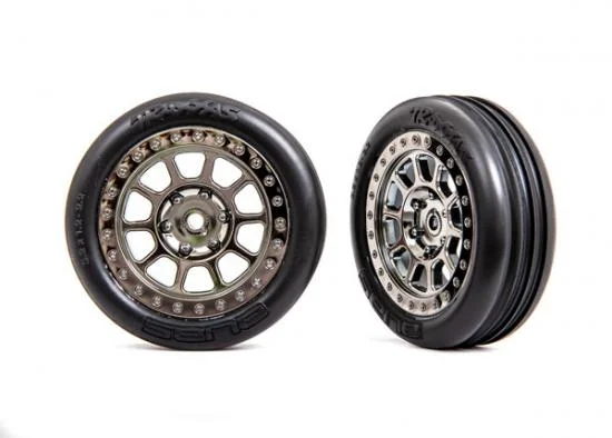 Traxxas Tyres + wheels, assembled (2.2 black chrome wheels, Alias ribbed 2.2 Tyres) (2) (Bandit front, medium compound w/ foam inserts) — image 2 of 2