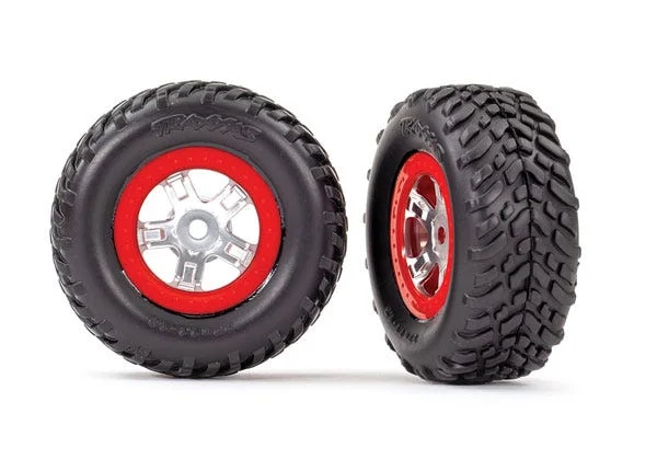 Traxxas Tires and wheels assembled glued (SCT satin chrome wheels red beadlock style SCT off-road racing tires foam inserts) (1 each right left) — image 4 of 4