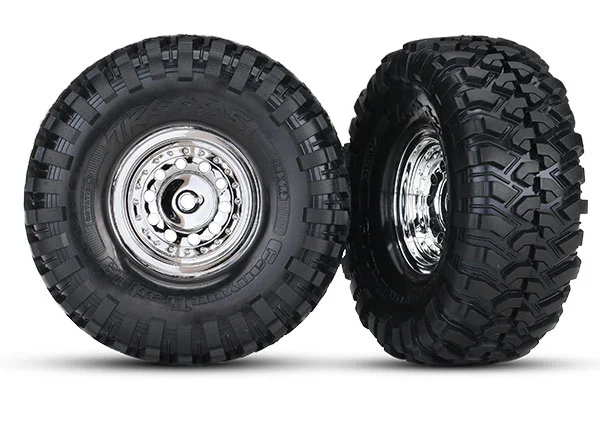 Traxxas Tires and wheels assembled glued (1.9 chrome wheels Canyon Trail 1.9 tires) (2)/ center caps (2)/ decal sheet (requires 8255A extended stub axle) &mdash; image 2 of 2