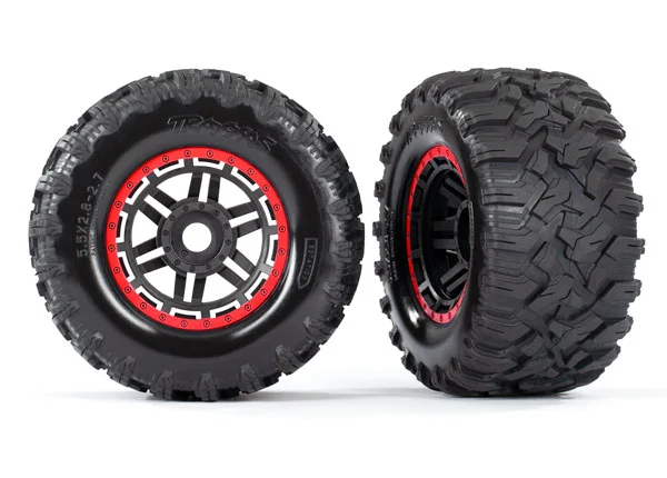 Traxxas Tires wheels assembled glued (black red beadlock style wheels MAXX MT tires foam inserts) (2) (17mm splined) (TSM rated) &mdash; image 2 of 2
