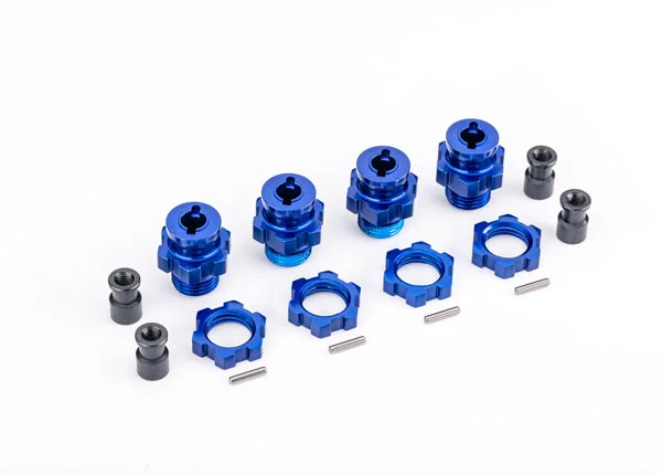 Traxxas Wheel hubs, splined, 17mm, short (blue-anodised) (4)/ wheel nuts, splined, 17mm (blue-anodised) (4)/ hub retainer M4 X 0.7 (4)/ axle pin (4) (for use with 9080 upgrade kit) &mdash; image 2 of 2