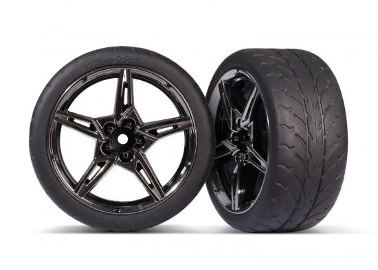 Traxxas Tyres and wheels, assembled, glued (split-spoke black chrome wheels,19 Response Tyres) (extra wide, rear) (2) &mdash; image 2 of 2