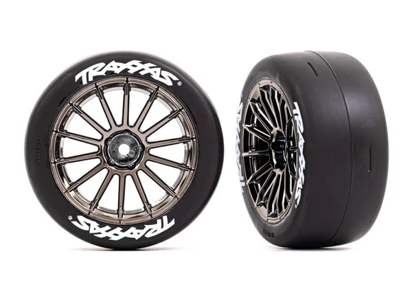 Traxxas Tyres and wheels, assembled, glued (multi-spoke black chrome wheels, 2.0 slick Tyres with Traxxas logo, foam inserts) (front) (2) (VXL rated) — image 2 of 2