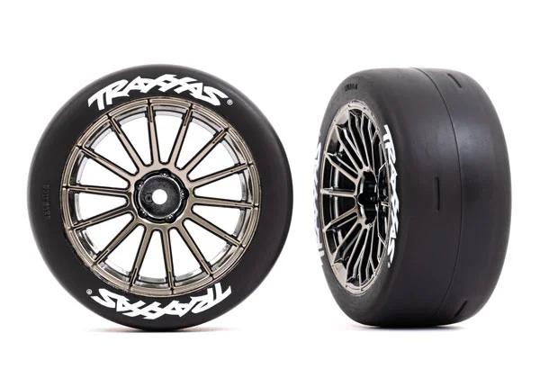 Traxxas Tyres and wheels, assembled, glued (multi-spoke black chrome wheels, 2.0 slick Tyres with Traxxas logo, foam inserts) (rear) (2) (VXL rated) — image 2 of 2