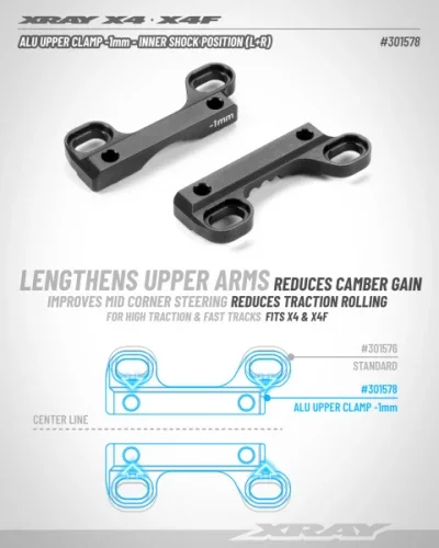 XRay X4 Aluminium Upper Clamp -1mm - Inner Shock Position - Swiss 7075 T6 (L R) — image 2 of 2