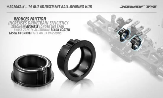 XRay T4 Aluminium Adjustment Ball Bearing Hub - Black (2) &mdash; image 2 of 2