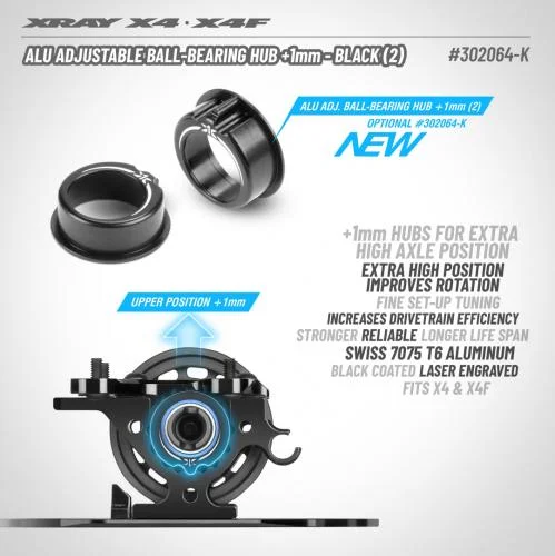 XRay Aluminium Adjustment Ball Bearing Hub 1mm - Black (2) — image 2 of 2
