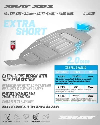 XRay XB2 Aluminium Chassis - 2.0mm - Extra-Short - Rear Wide - Swiss 7075 T6 — image 2 of 2