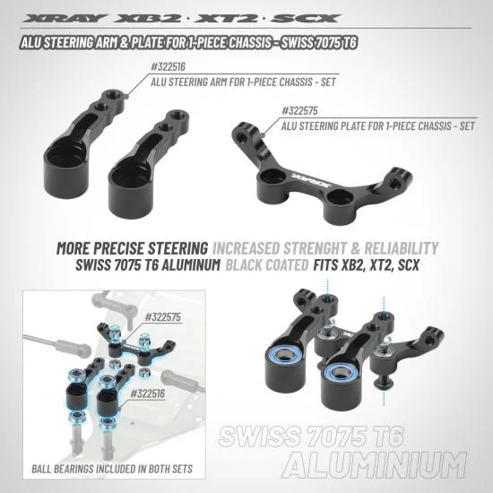 XRay Aluminium Steering Arm For 1 Piece Chassis - Swiss 7075 T6 (2) &mdash; image 2 of 2
