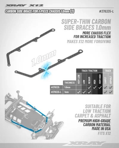 XRay X12 Carbon Side Brace For 1 Piece Chassis 1.0mm (2) — image 2 of 2